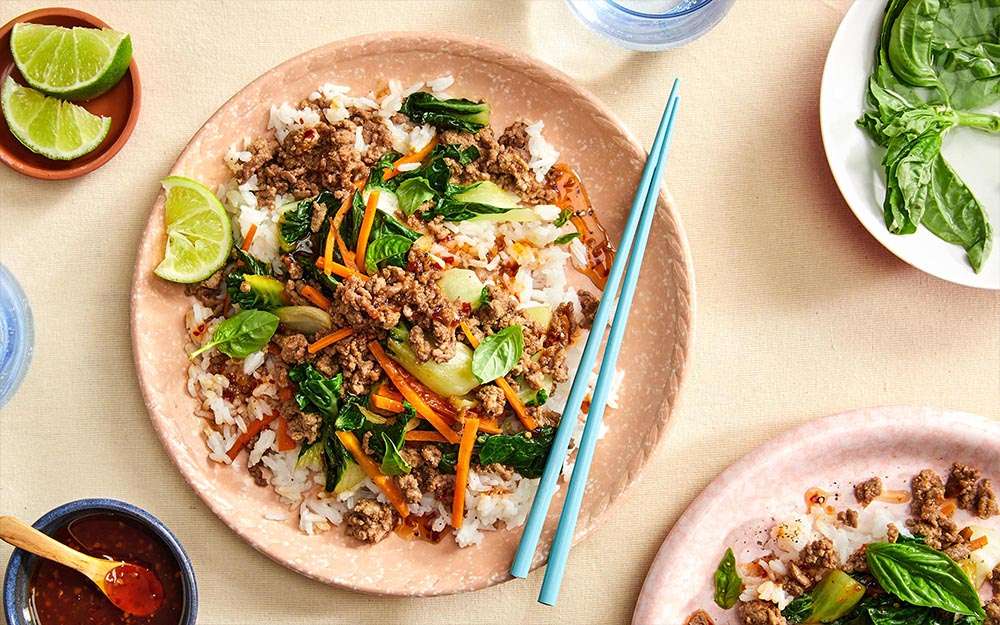 Basil Beef Larb with rice & sweet and spicy sauce,