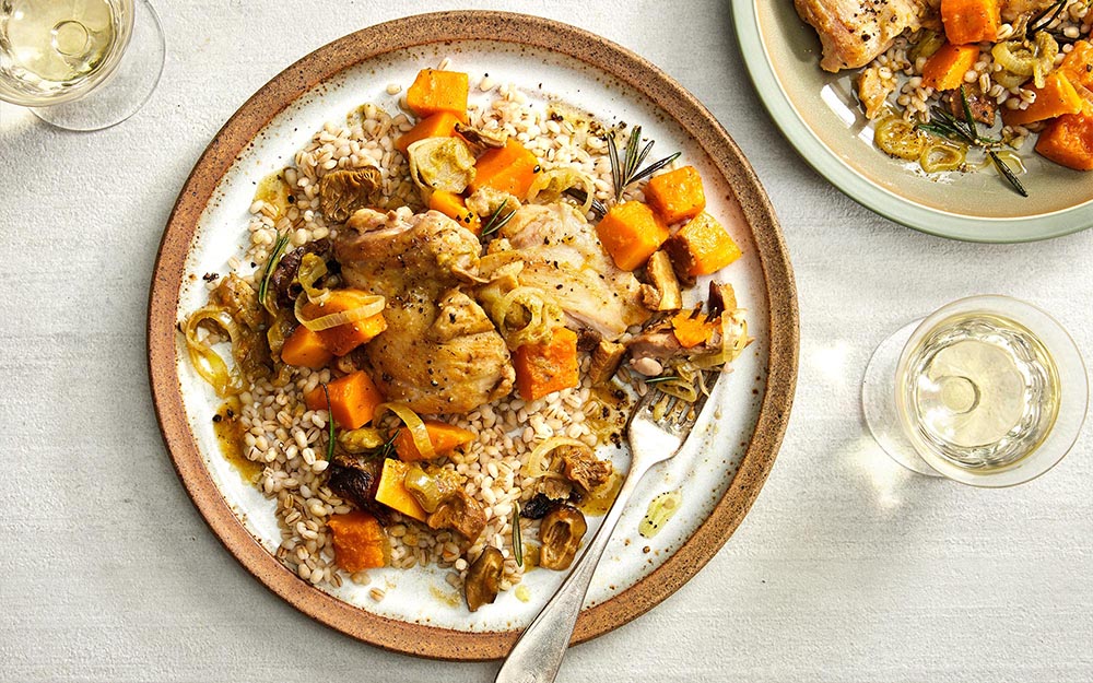 Rosemary Chicken and Squash Skillet with mushroom broth and barley,