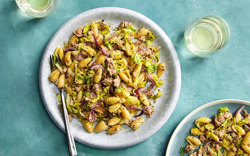 Easy Pork Sausage Ragu with fresh cavatelli and sour cream sauce,