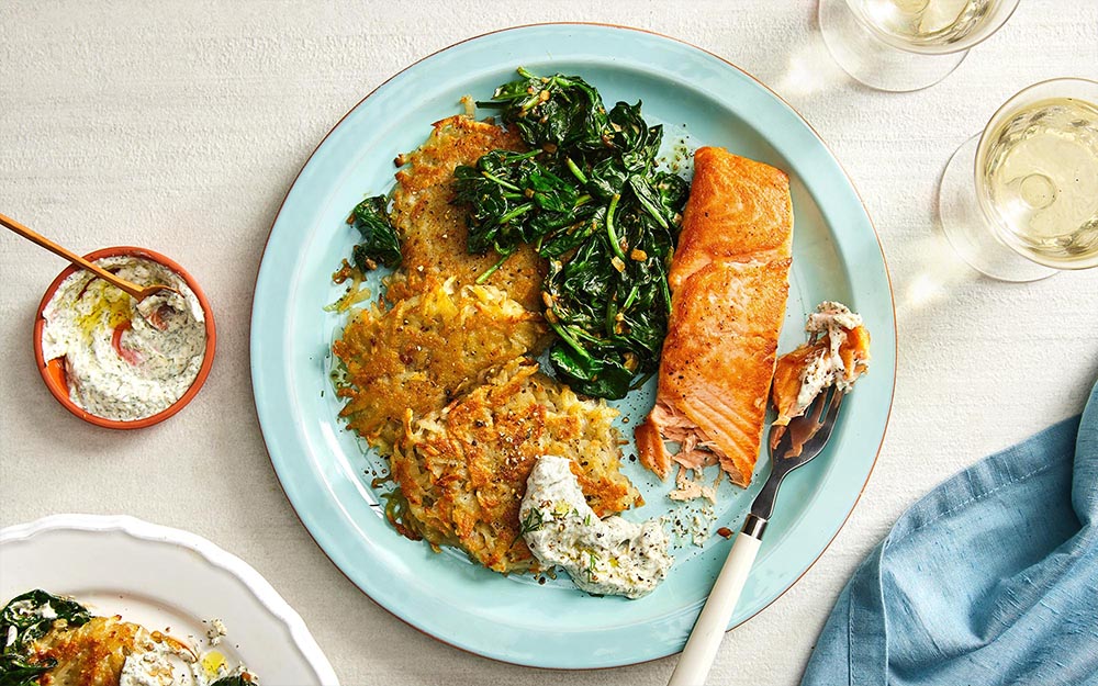 Seared Salmon & Potato Latkes with creamed spinach,