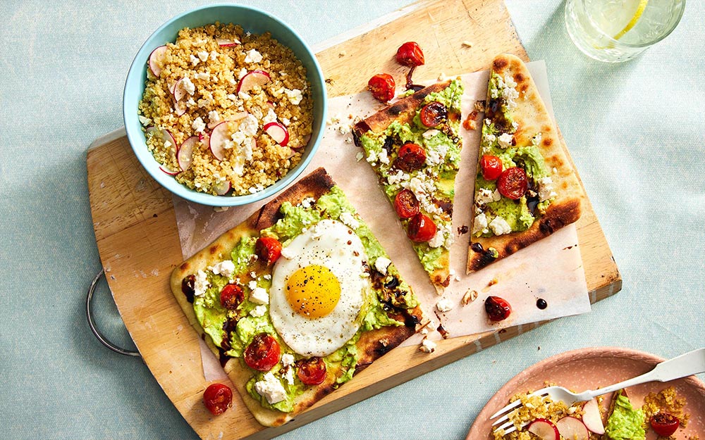 Feta & Avocado Flatbreads with balsamic glaze and quinoa salad,