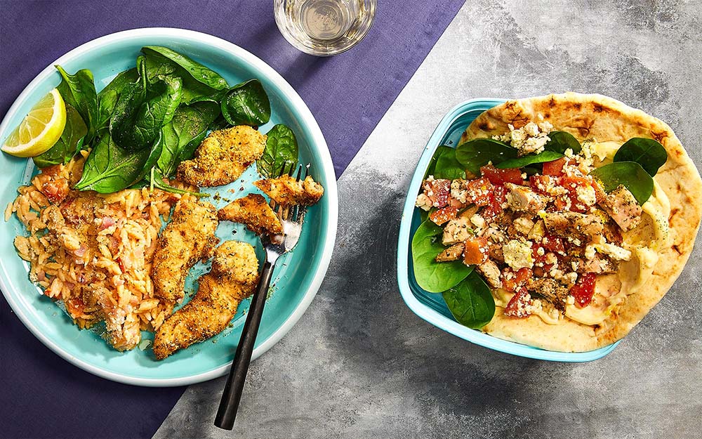 Crispy Chicken Tenders With Tomato Orzo Seasoned chicken and feta wraps,