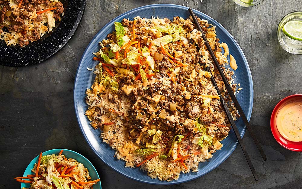 Korean Beef & Kimchi Taco Bowls with basmati rice and ssamjang mayo,
