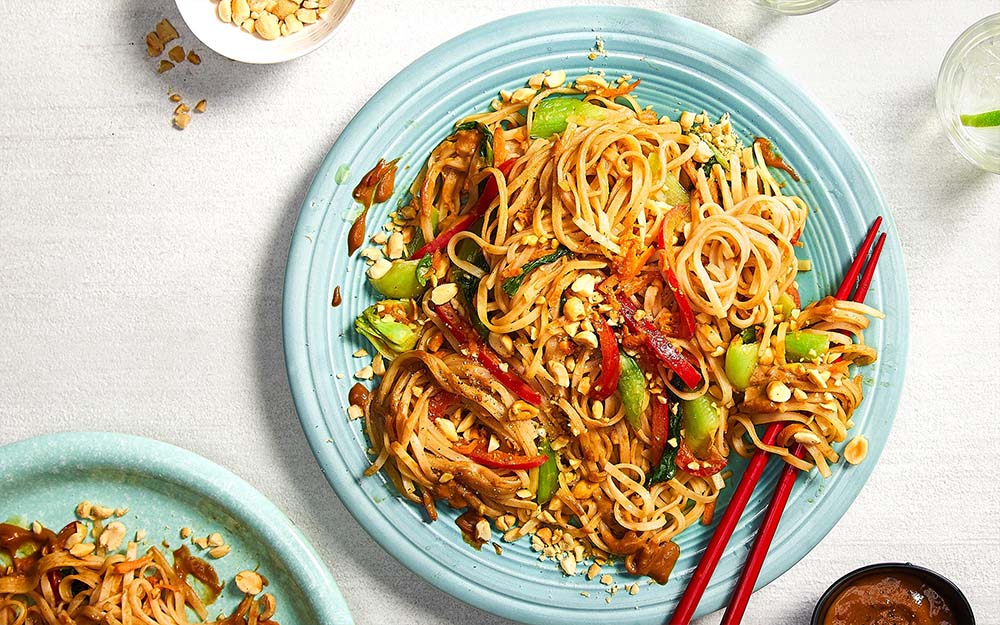 Peanut Pad Thai with bok choy, carrots and rice noodles,