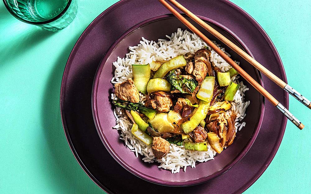 Pork Adobo Stir Fry with basmati rice and bok choy,