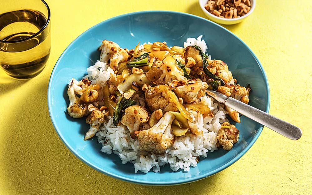 Szechuan Cauliflower Stir Fry with jasmine rice,