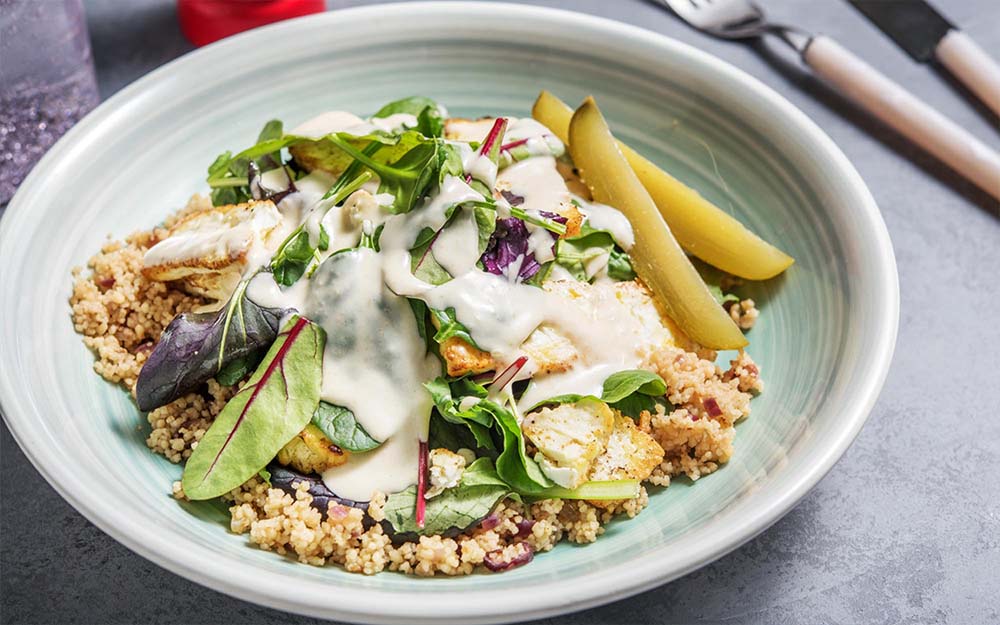 Baked Feta Shawarma Bowl with hummus dressing,