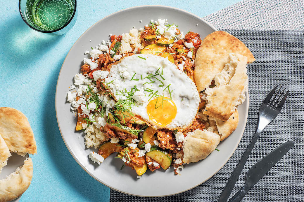 Spicy Beef Shakshuka with toasted naan and feta