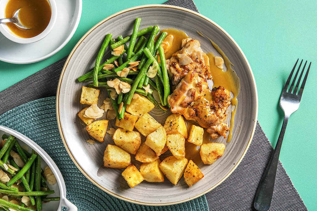 Honey Dijon Chicken with sauteed green beans and roasted potatoes