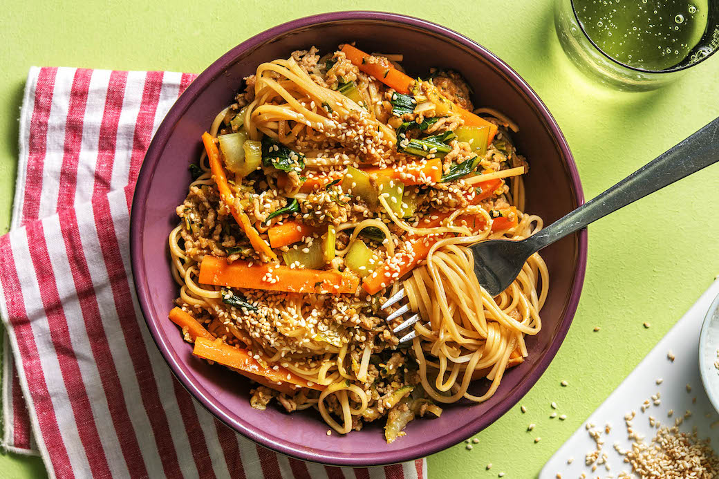 Garlic Pork Lo Mein with stir-fried zucchini and bok choy