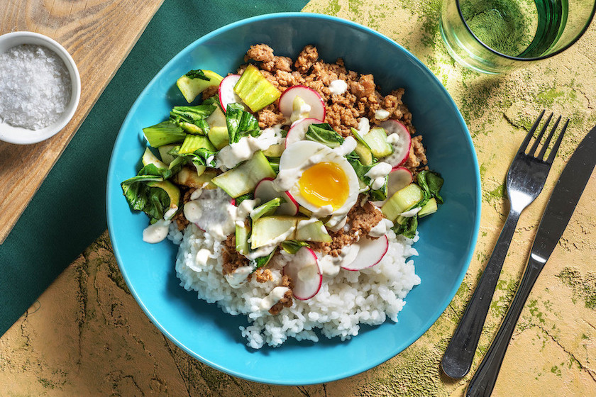 Japanese Pork Rice Bowl with sauteed bok choy and soft boiled egg
