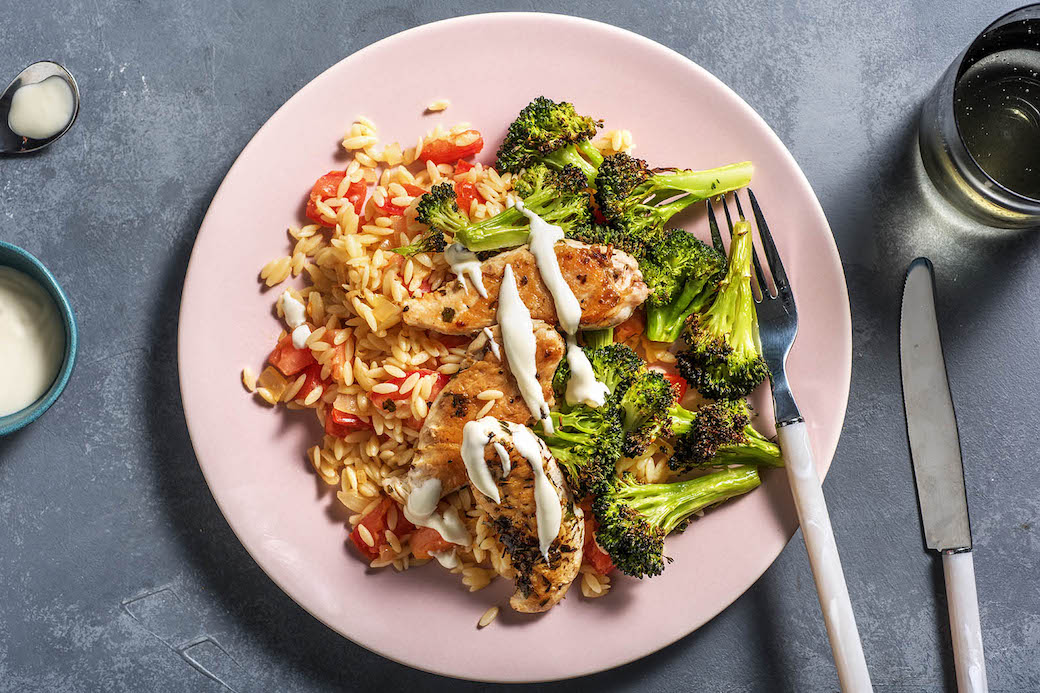 Herbed Chicken Tenders with parmesan orzo and broccoli