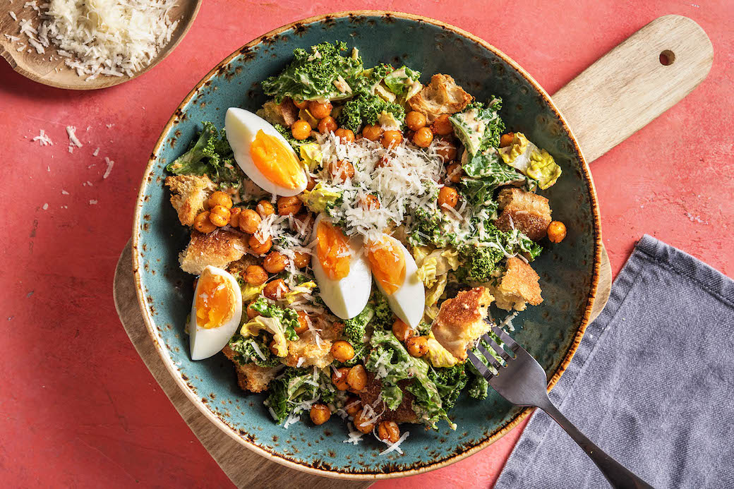 Smoky Chickpea Caesar Salad with kale and homemade garlic croutons