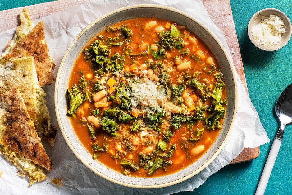 Tuscan White Bean Soup with pesto grilled cheese toasties