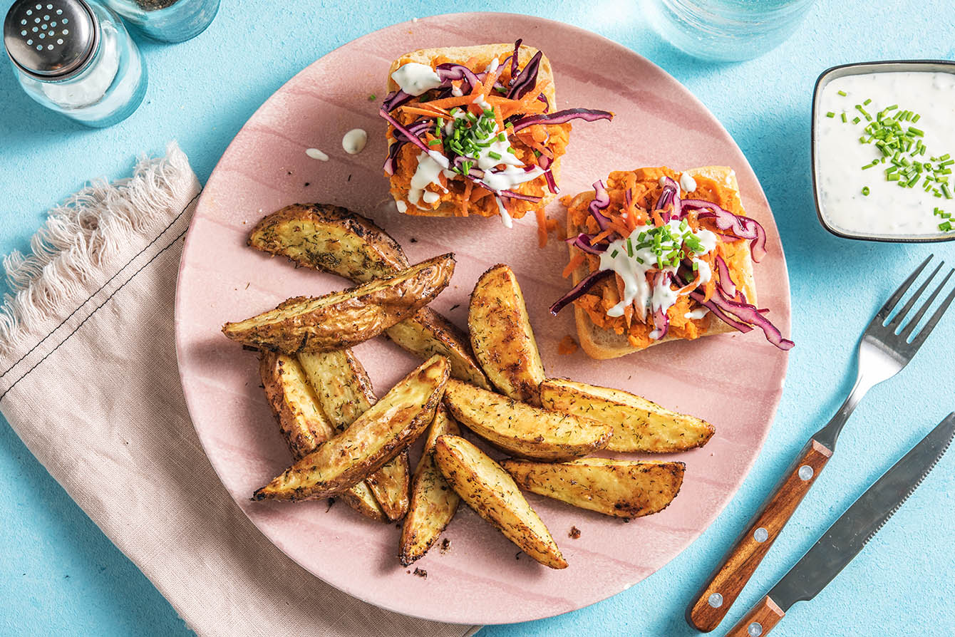 Buffalo Chickpea Sandwiches with potato wedges and chive ranch