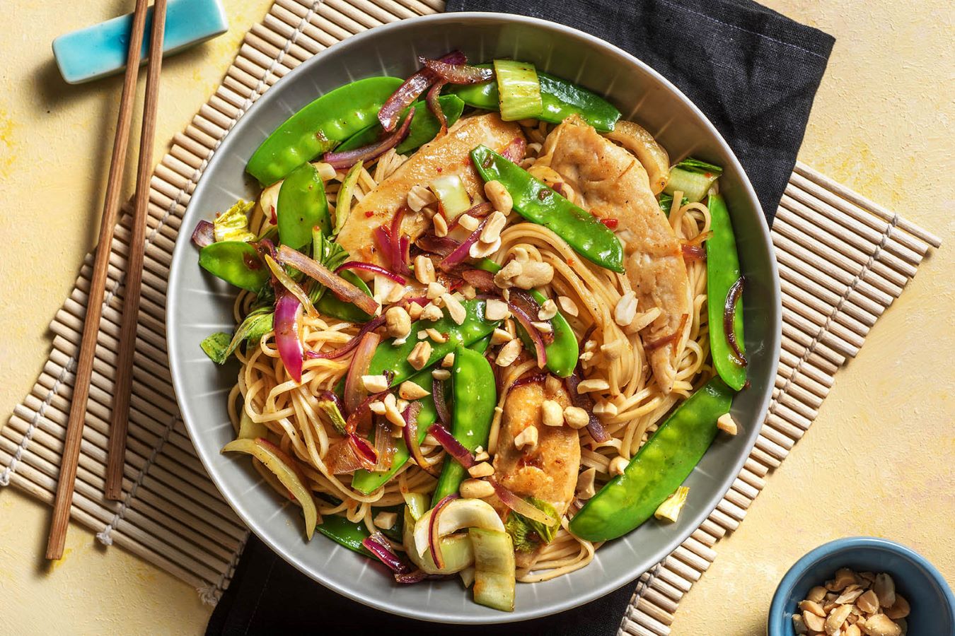 Spicy Kung Pao Chicken with chow mein noodles