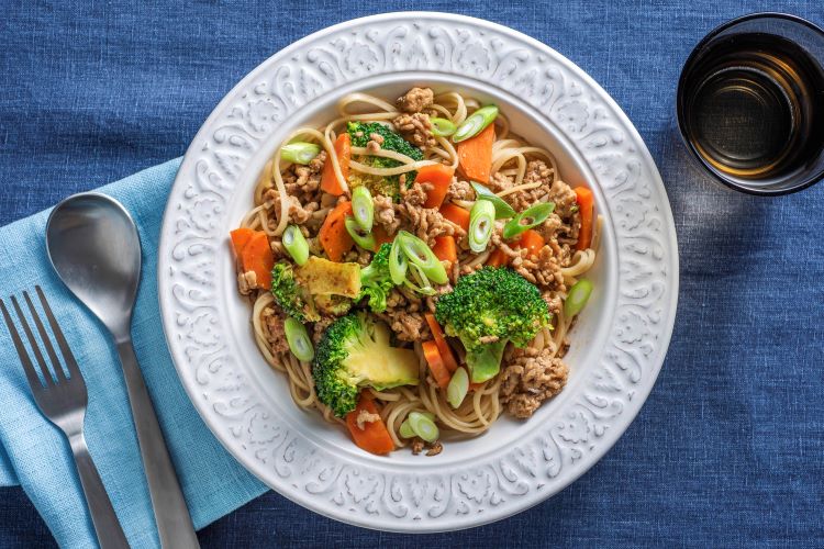 Chinese Pork Lo Mein with stir-fried broccoli and carrots