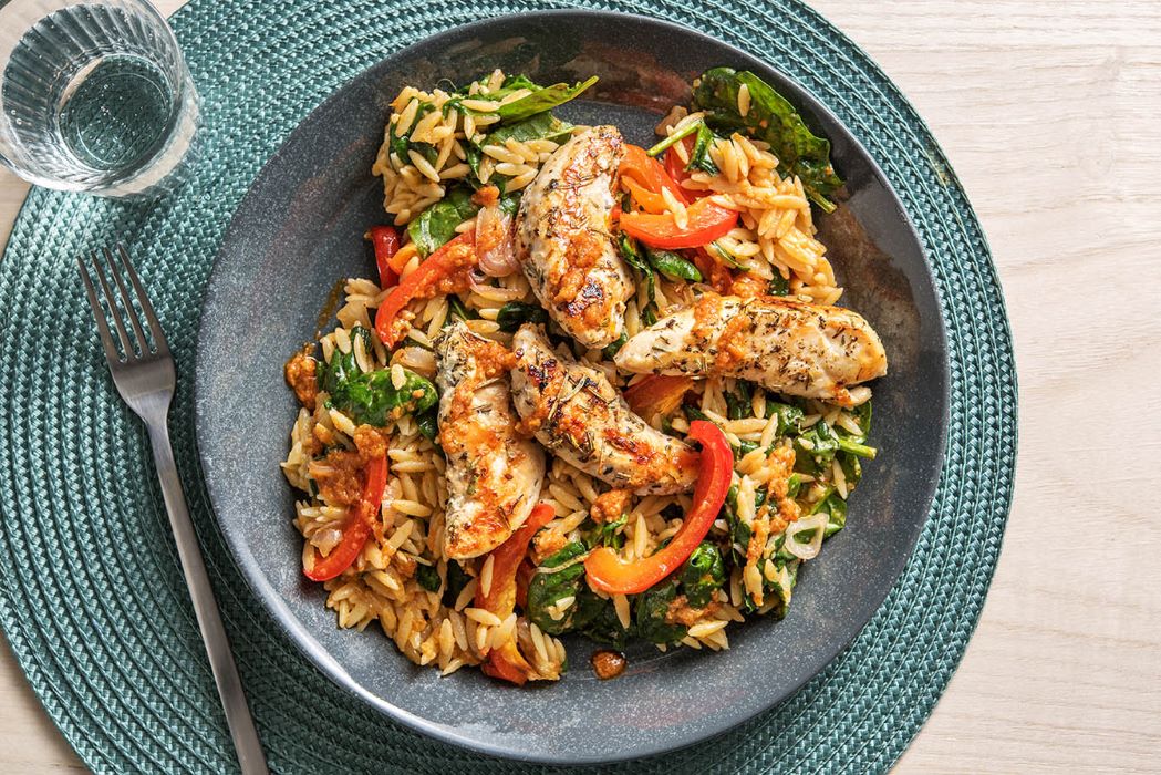 Herbed Chicken Tenders with spinach Parmesan orzo