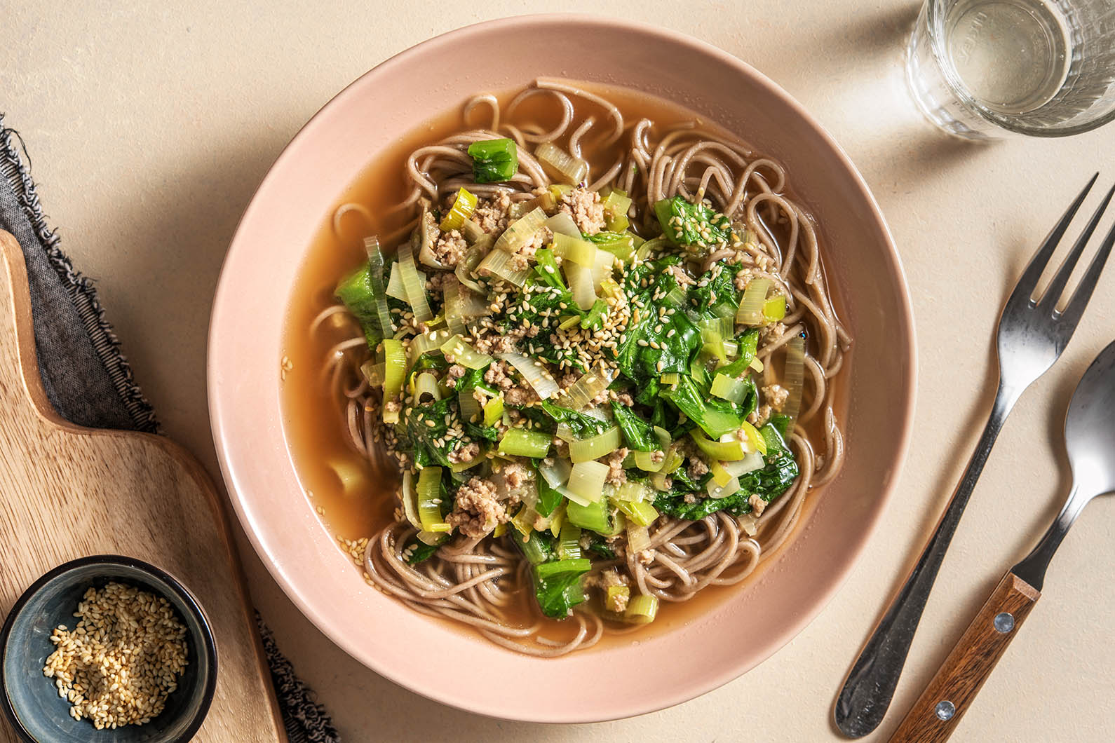 Japanese Sesame Pork Soup with soba noodles and gai lan