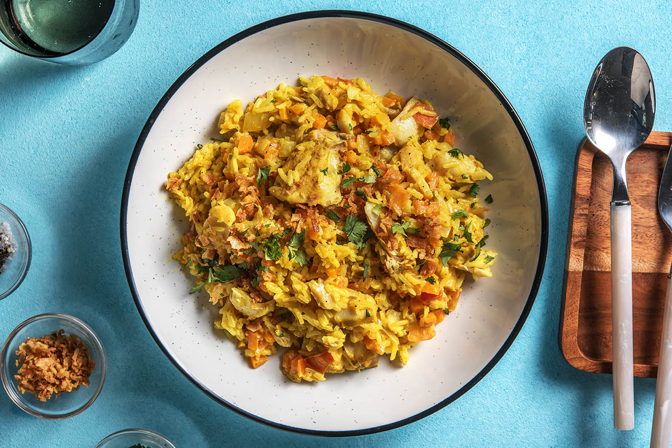 Indian Fish Biryani with coconut milk and basmati rice