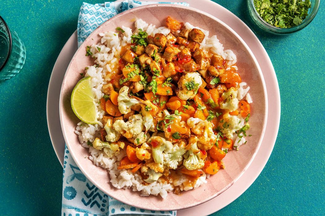 Spicy Satay Tofu with roasted cauliflower and garlic rice