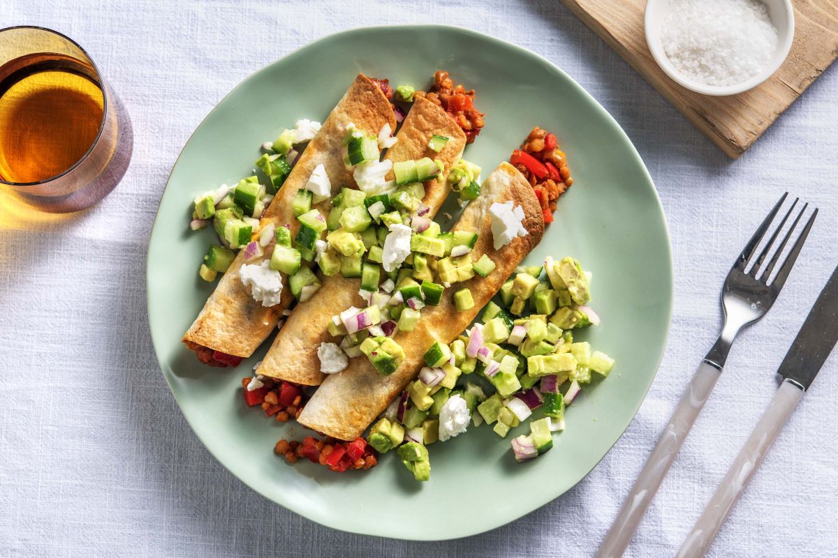 Smoky Lentil Taquitos with avocado salsa