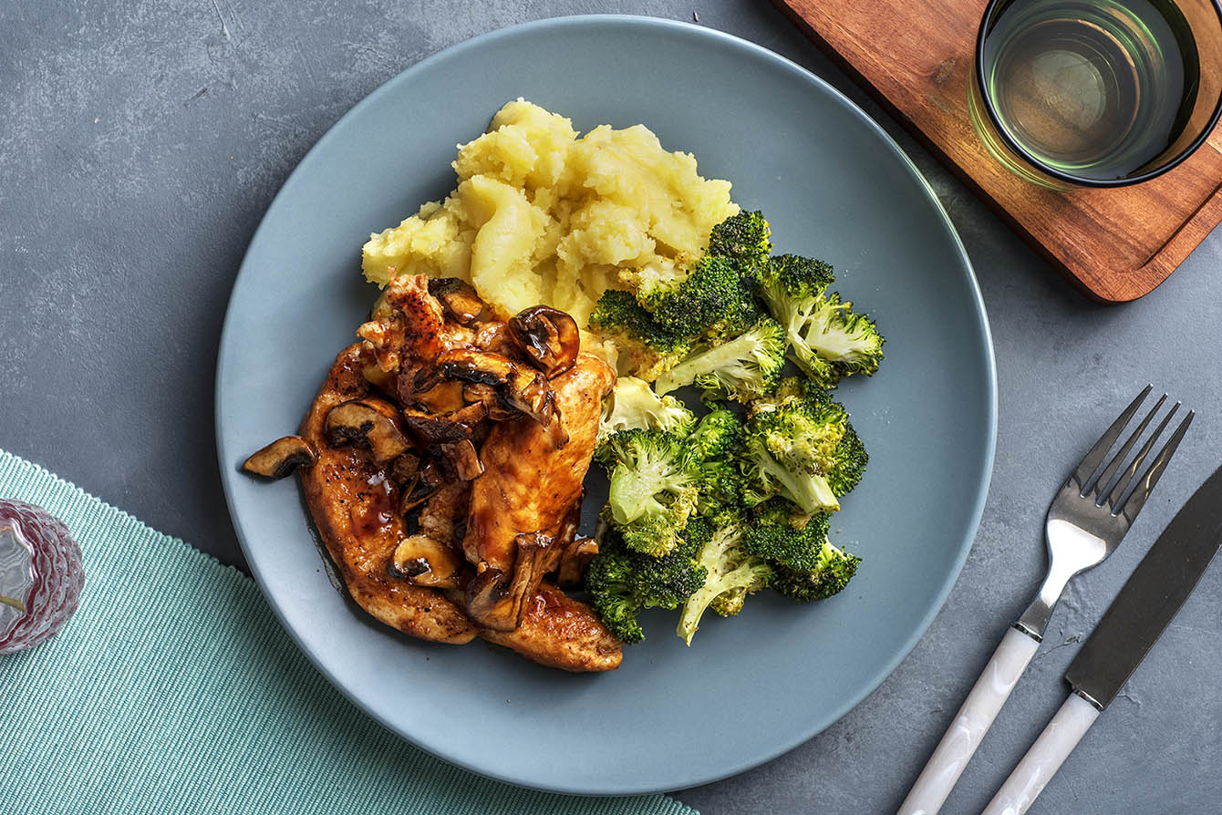 Chicken with Mushroom Pan Sauce with mashed potatoes and roasted broccoli