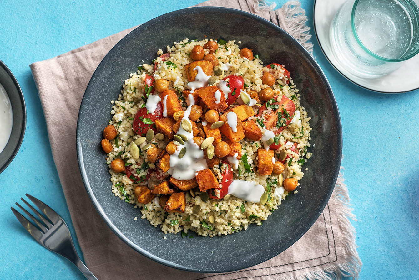 Falafel-Spiced Chickpeas with couscous tabouli and a garlic sauce
