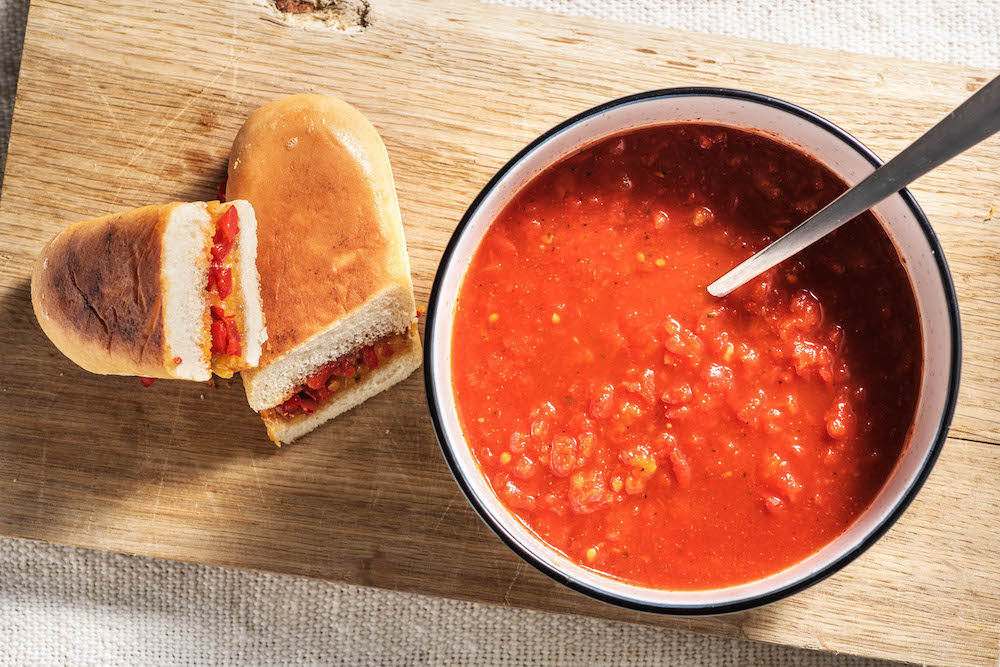 White Cheddar and Fig Grilled Cheese with classic tomato soup