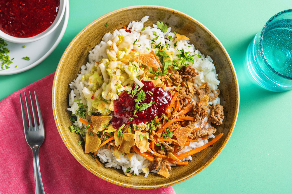 Chinese Beef Spring Roll Bowl with wonton crisps and plum sauce