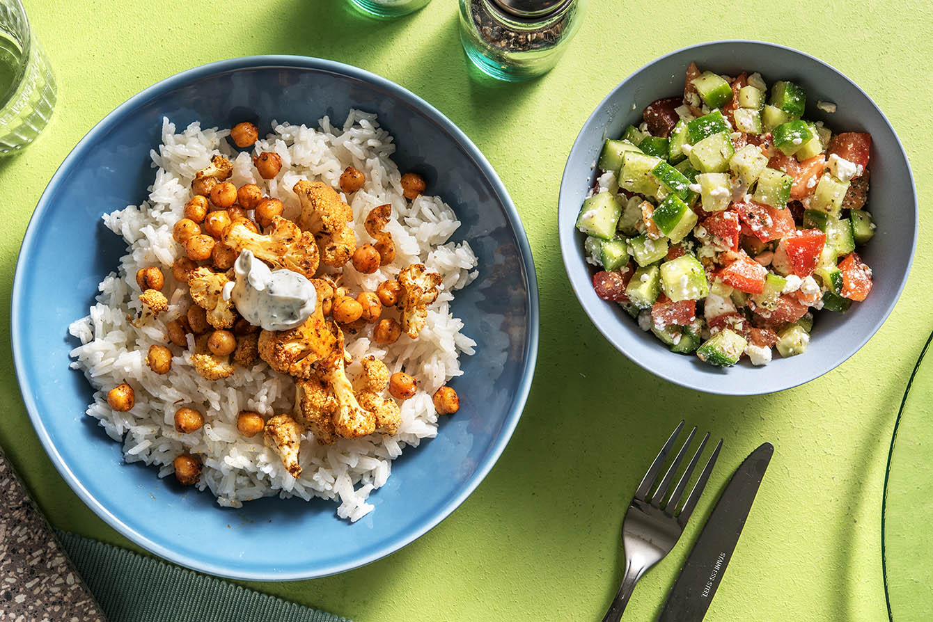 Cauliflower and Chickpea Gyro Bowl with dilly yogurt sauce
