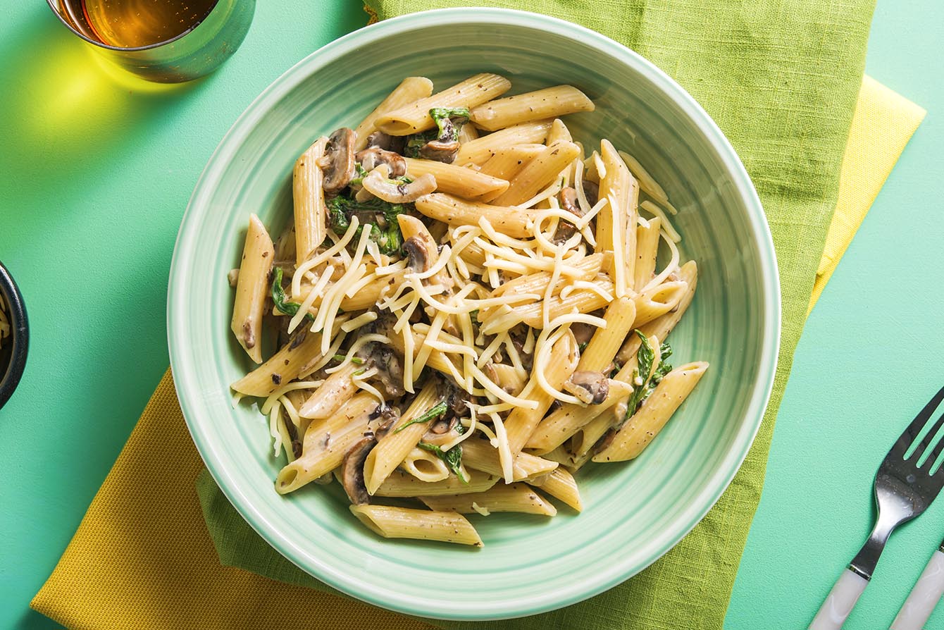 Creamy Mushroom Pasta with aged cheddar and baby spinach