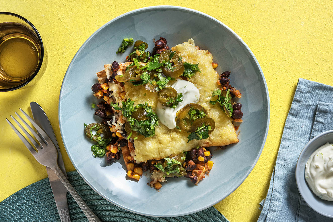 Black Bean Taco Lasagna with spicy jalapeno salsa