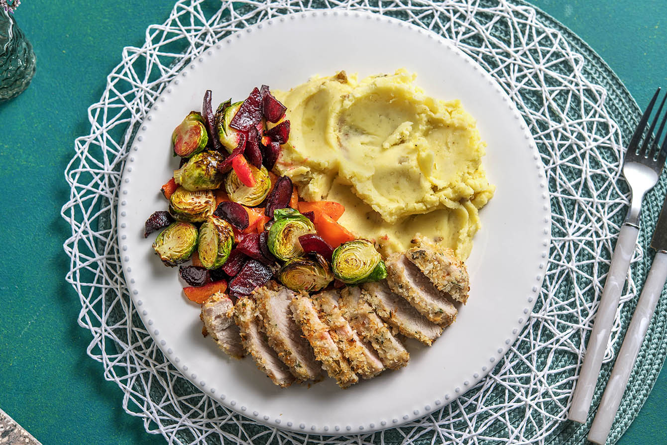 Panko Crusted Pork Chops with roasted root vegetables and mashed potatoes