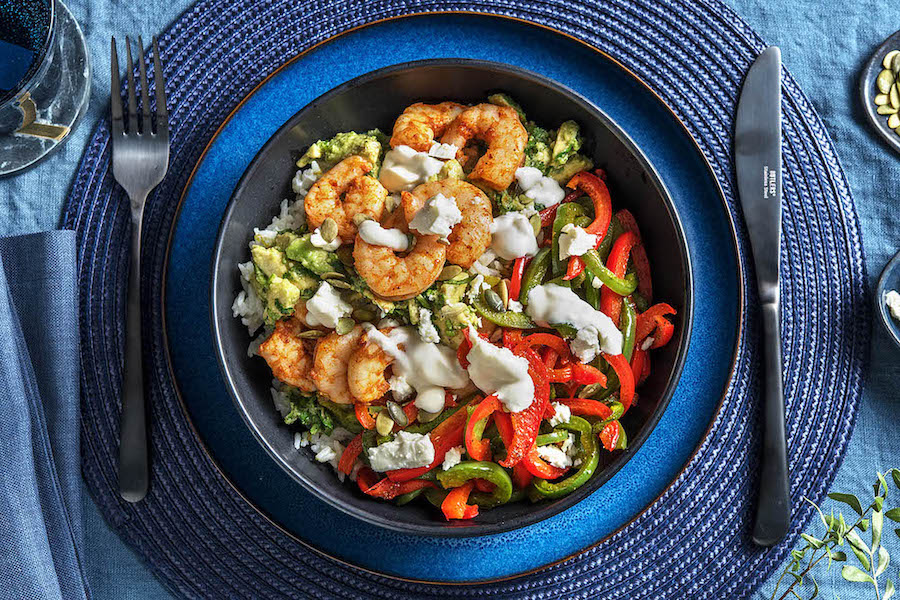 Smoky Shrimp & Avocado Chimichurri with charred peppers