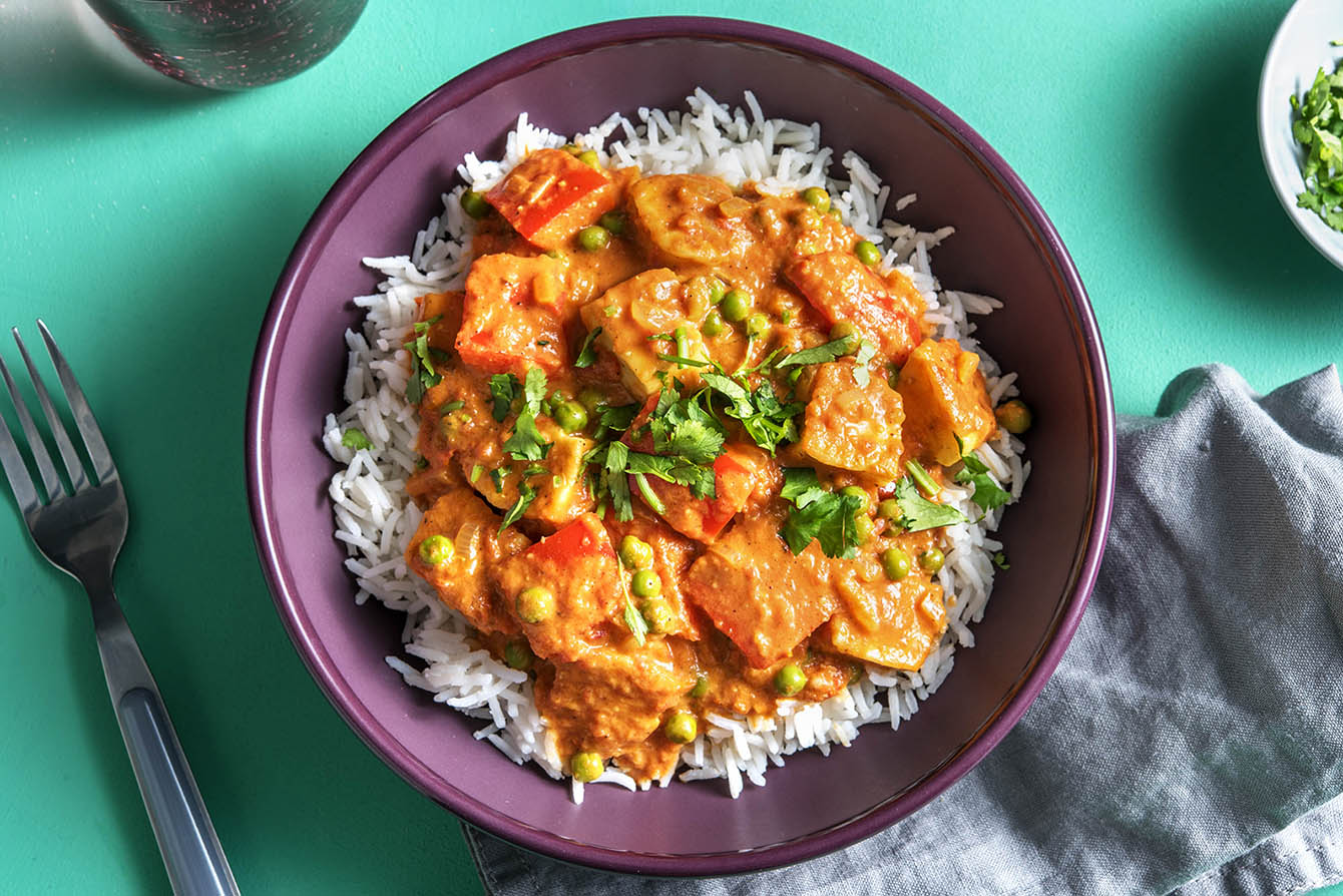 Indian Halloumi Matar Masala with coconut milk and English peas