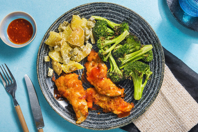 Hot Honey Buffalo Chicken with warm potato salad and roasted broccoli