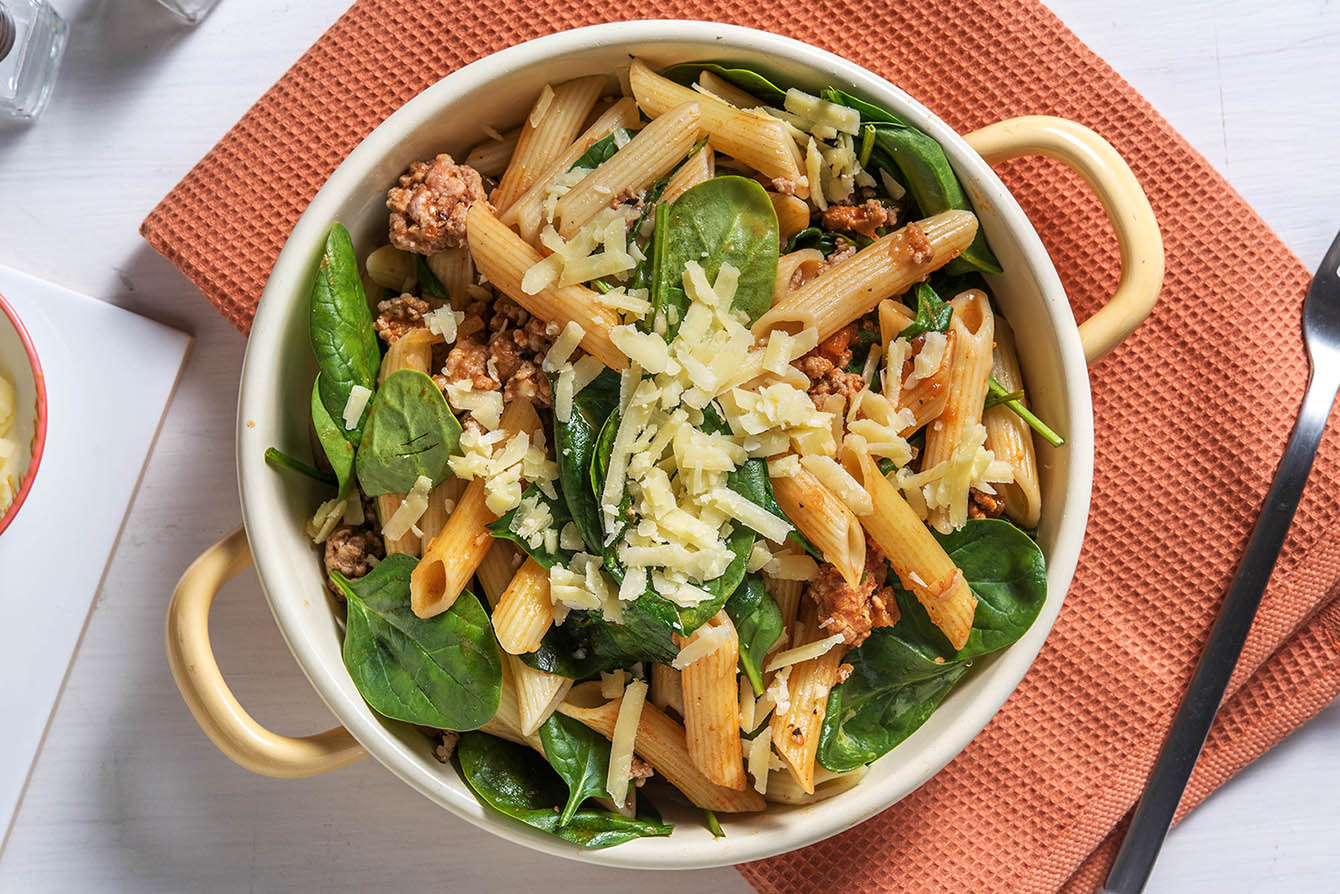 Turkey Florentine Penne with Parmesan and aged cheddar