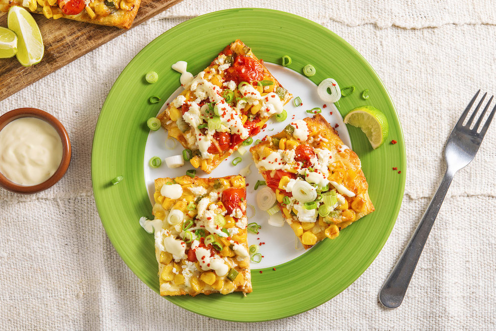 Two-Cheese Mexican Street Corn Flatbreads with charred corn and lime aioli
