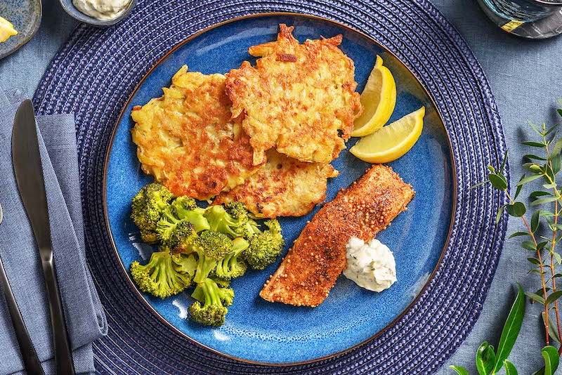 Pastrami-Spiced Salmon & Latkes with dill sour cream