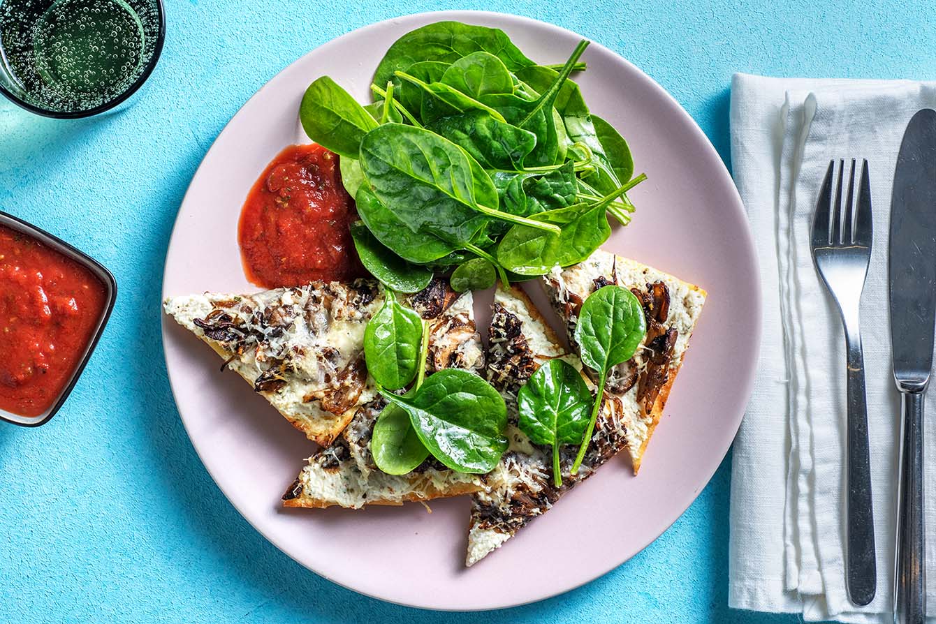 Mushroom & Ricotta Flatbreads with baby spinach salad