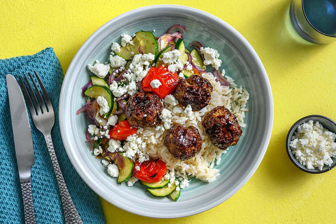 Mediterranean Meatballs with roasted veggies and lemon rice