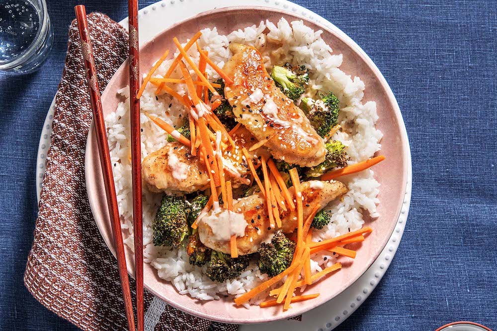Honey Garlic Chicken and Rice with sriracha aioli