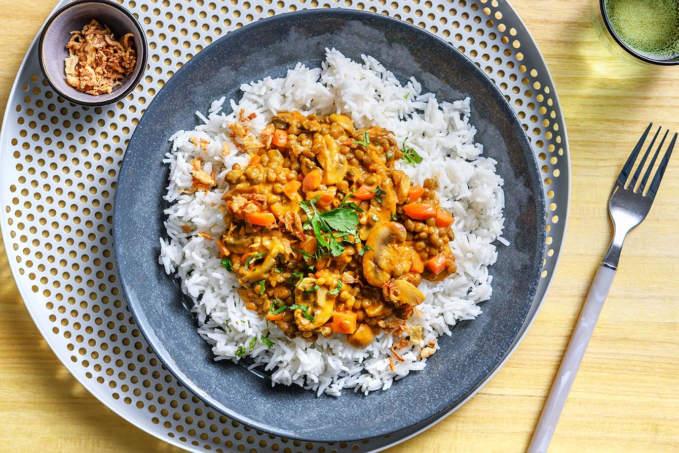 Indian Mushroom Korma Curry with lentils and basmati rice