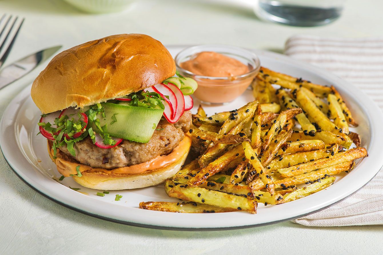Pork Banh Mi Burger with sesame fries and gochujang aioli