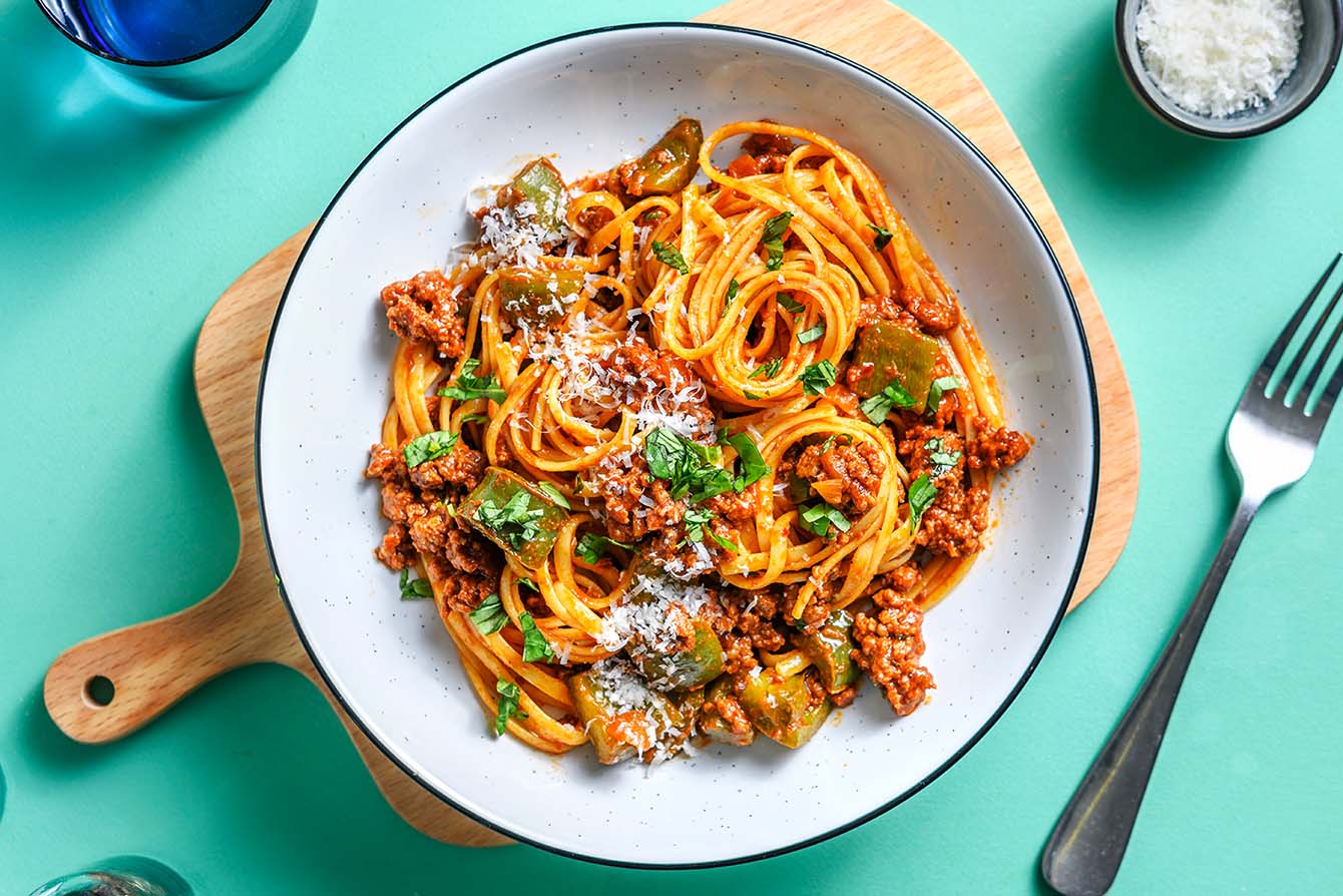 Classic Beef Bolognese with linguine pasta and parmesan cheese