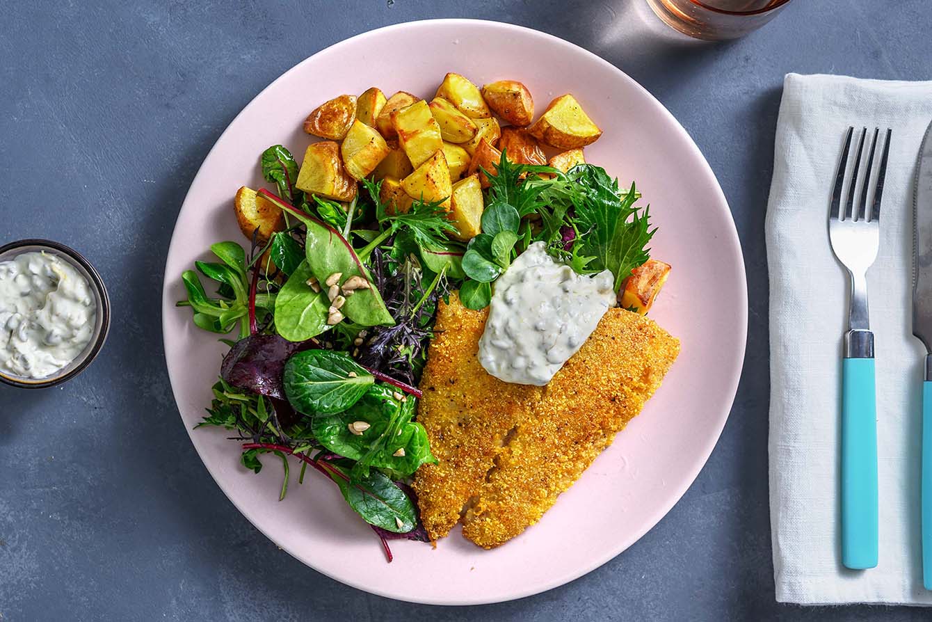 Cornmeal Crusted Fish with roasted potatoes and lemon tartar sauce