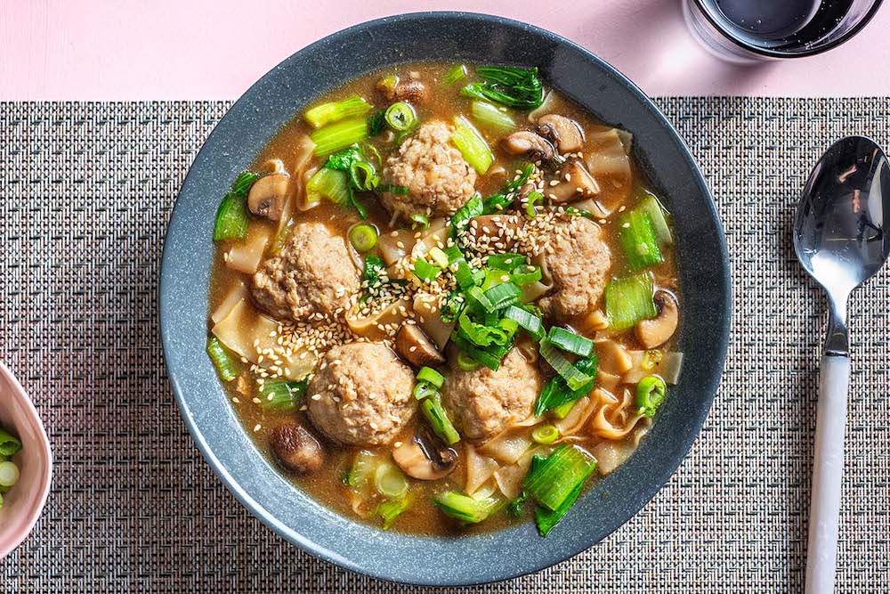 Chinese Pork Meatball Soup with mushrooms and wonton noodles