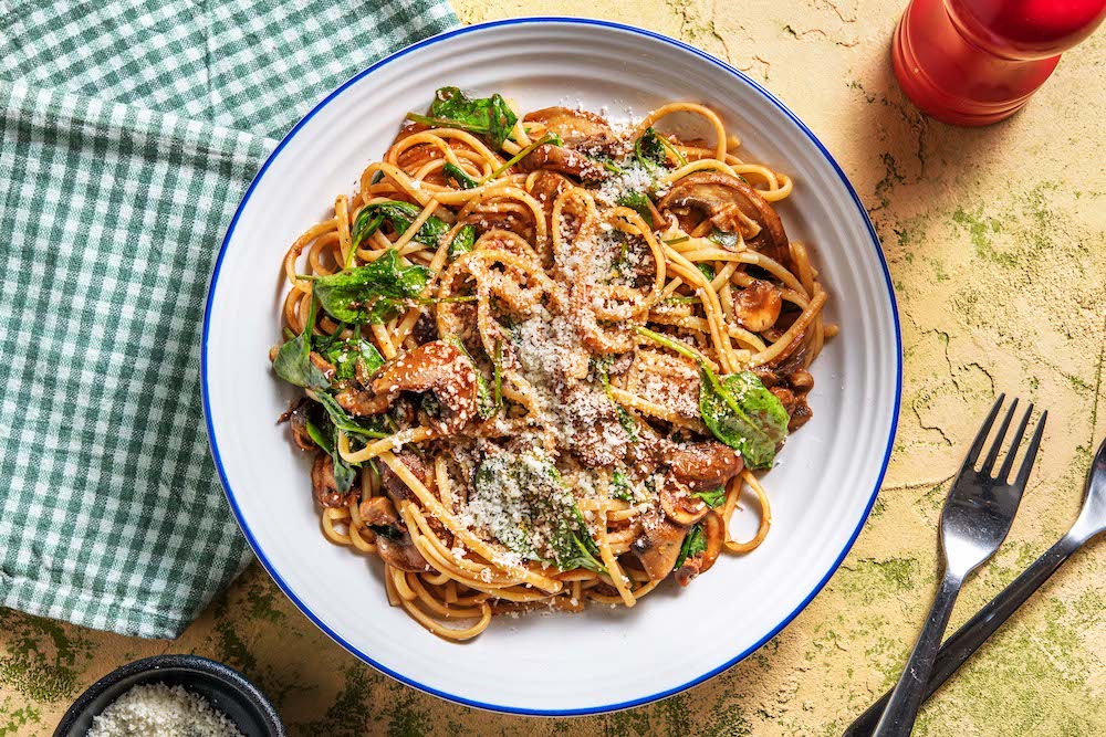 Portobello Mushroom Linguine with baby spinach and Parmesan cheese