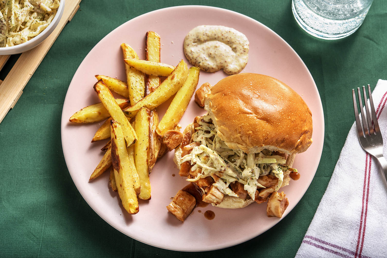 BBQ Chicken Sandwiches with oven fries and dilly slaw